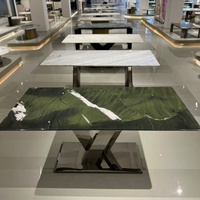 Table à manger de luxe en marbre vert émeraude botanique, moderne, écologique, faite à la main, avec base en acier inoxydable, mobilier pour la maison