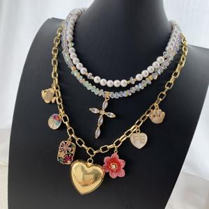 LS-C5271 שרשרת קסמיה מפוארת שרשרת פרח לב צלב שכבה כפולה מתנה קריסטל מים מתוקים - Product Image 3