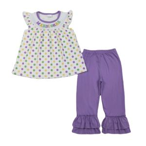 GSPO2205 RTS Ensemble décontracté pour petite fille, motif pois violet, vert et jaune, en coton et élasthanne, manches volantes, tenue Mardi Gras - Product Image 1