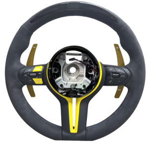 Volante Personalizzato in Pelle Scamosciata Gialla con LED per <span class=keywords><strong>BMW</strong></span> M3 M4 M5 M6 F06 F10 F15 F16 F20 F30 F31 F32 F33 F34 F36 M Sports - Product Image 1