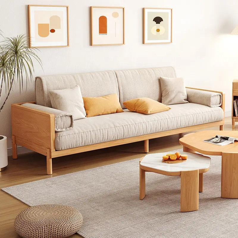 Apartment simple solid wood fabric sofa straight row three anti cat claw cloth sofa