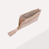 Dompet Kartu Kredit PU Warna Pastel, Ukuran Kecil, Resleting, Bahan Polyester Lembut, Motif Kulit Sapi, Panjang Pendek, Fitur Anti Maling