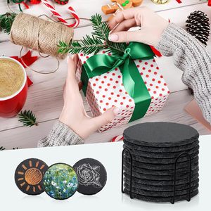 Wholesale Promotional 10*10 CM Black Round Slate Drink Coasters Blank Bulk Set with Laser Engraving Rubber Feet for Table Use