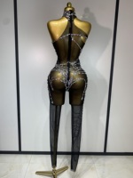 Combinaison moulante en maille sexy à taille haute avec diamants brillants pour femmes, tenue de danseuse de bar de nuit, spectacle, danseuse gogo, scène