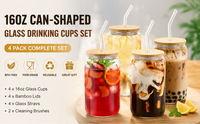 Gobelets en verre sans BPA de 16 oz avec logo personnalisé, couvercles en bambou, pailles, brosses de nettoyage, ensemble de 4 pièces, lavables au lave-vaisselle, réutilisables pour boissons glacées