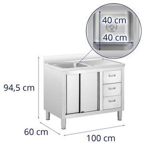 Évier de cuisine professionnel robuste à cuve unique en acier inoxydable avec armoire, tiroirs et égouttoir pour hôtel - Product Image 4