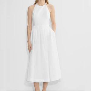 Abito bianco in fibra di bambù con scollo all'americana e collo quadrato, lunghezza al ginocchio, vita naturale, traspirante, ideale per feste estive e gite in spiaggia - Product Image 1
