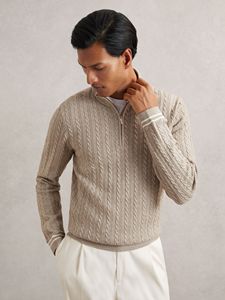 Suéter Masculino Bege de Tricô Trançado com Meio Zíper, Gola com Detalhes Contrastantes, Mistura de Lã, Estilo Casual Elegante - Product Image 1