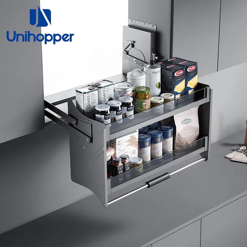 Unihopper Cesta de elevador de cozinha organizador de armário puxar para baixo cesta de vidro de elevador de fechamento automático macio