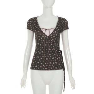 Retro Pure Style Floral Print Color Block Lace Trim <b>Patchwork</b> Short Sleeve T Shirt Sweet Spicy Two in One Tie Design <b>Top</b> - Product Image 6