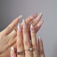 Offre Spéciale – Ongles à presser en acrylique, forme amande, couleur nude-rose délicat, avec motif branche dorée française et fleur de pêcher 3D en strass – Vente en gros