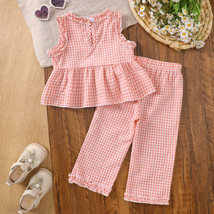 Nouvel ensemble d'été 2025 pour fille : Haut sans manches à carreaux tendance et décontracté + Pantalon – Tenue mignonne - Product Image 4