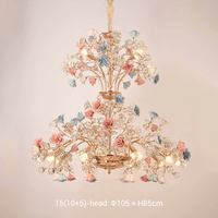 Luminaire suspendu vintage multi-tailles en céramique dorée en forme de rose pour villa, avec fleurs en céramique et cristaux