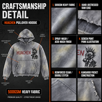 Sweat à capuche surdimensionné personnalisé en tissu épais, tie-dye, effet vieilli, déchiré, vintage, streetwear, délavé à l'acide, imprimé graphique, style punk pour homme