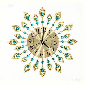 Horloge murale en plumes de paon, métal et résine, horloge décorative suspendue, fonctionnant à piles, quartz analogique, décoration de salon - Product Image 6