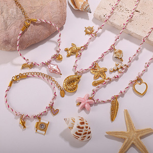 18K Gold Plated Stainless Steel Charm Bracelet <b>Pink</b> <b>Braided</b> Chain Adjustable Pendant Bangle DIY Jewelry Gift - Product Image 6