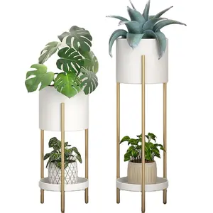 Rak berdiri dalam ruangan tanaman logam 2 tingkat, rak berdiri untuk dekorasi rumah sudut multi fungsi rak untuk tampilan Organizer Pot bunga tanaman