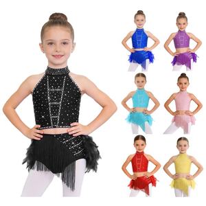 Traje de Baile Latino para Niñas de 6 a 16 Años, Top Corto con Falda de Plumas, para Samba, Rumba, Cha-Cha, Actuaciones, Competiciones y Baile de Salón - Product Image 1