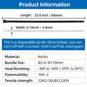 Lot de 100 attaches à glissière en nylon pour câble 4.8*600mm Attaches en plastique autobloquantes de 23.6 pouces de long pour une utilisation intérieure et extérieure - Product Image 2