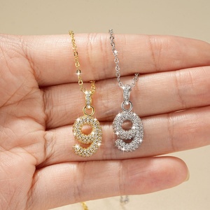 Collier en or 14 carats plaqué or avec micro-pavé de zircon, numéro 9, style hip-hop, pour femmes, vente en gros - Product Image 4