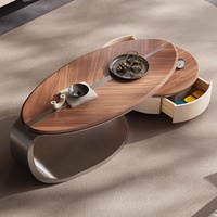 Table basse ovale en bois massif de luxe léger, style villa, pour salon, design haut de gamme, couleur noyer, cuir