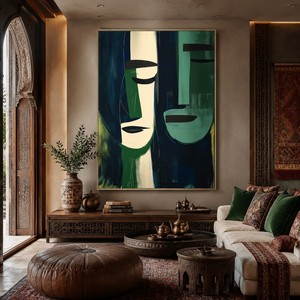 <span class=keywords><strong>Peinture</strong></span> murale abstraite figurative sur toile peinte à la main, visages superposés, portrait moderne vert pour agence créative - Product Image 2