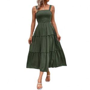 Vestido Midi de Verano con Tirantes, Color Sólido, Versátil, Antiestático, Estilo Casual para Vacaciones en la Playa - Product Image 1