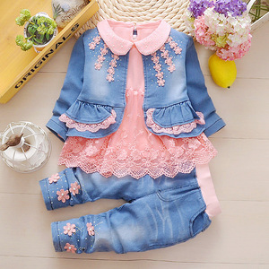 Elegante encaje floral 3 piezas Jeans algodón 3 años recién nacido bebé <span class=keywords><strong>Niñas</strong></span> Ropa conjunto - Product Image 1