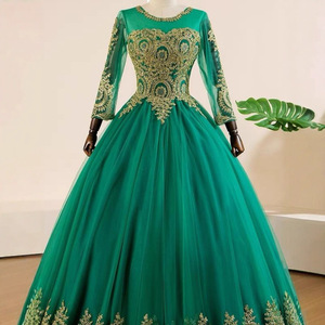 Green Ball Gown Empire Waist O-Neck Long Sleeve Tulle Evening Dress Formal Wear - Product Image 2