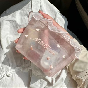 Borsa Cosmetica Trasparente con Volant e Ricamo a Cuore, Portatile e Carina, per Trucco e Fazzoletti, per Donne - Product Image 4