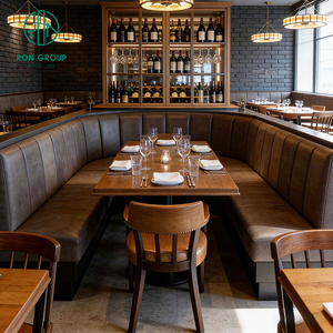 Ensemble de meubles vintage en cuir marron à rayures, comprenant une banquette demi-circulaire carrée et un ensemble table et chaises en bois pour <span class=keywords><strong>restaurant</strong></span> rapide ou café. - Product Image 3