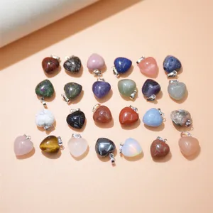 Wholesale Natural Stone Heart Shaped Pendant Rose Quartz Turquoise Tiger Eye Opal Puff Heart Charms for Jewelry Making Necklace