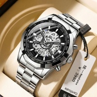 Montre squelette à quartz pour homme Aili Feida, en acier inoxydable, cadran à aiguilles de 45 mm, lumineuse, résistante à l'eau 30 m