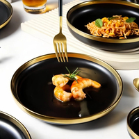 Service de table en céramique noir mat de luxe nordique, bols et assiettes à bord doré, vaisselle avec boîte cadeau pour mariage et maison