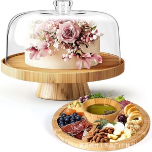 Support à gâteau rond en bois avec dôme en verre, plateau de service multifonctionnel pour la présentation de fromages, fruits et desserts, couleur bois naturel - Product Image 1