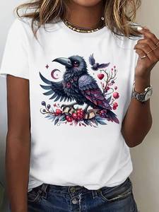 <b>Gothic</b> Raven Women's <b>T</b>-<b>Shirt</b> Short Sleeve Round Neck Digital Print Floral Hearts Casual Top All-Season Halloween Outfit 100% - Product Image 3