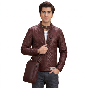Veste en cuir PU matelassée bordeaux pour homme, style motard, col montant, fermeture éclair, coupe ajustée, vêtements d'automne, vestes en cuir pour homme - Product Image 2