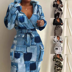 Nouveau style imprimé ceinture taille poche robe profonde col en v sexy robe à la mode - Product Image 5