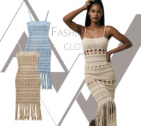 Robe midi en tricot crocheté ajouré pour femme, à fines bretelles, ourlet à franges, style moulant, robe de plage, personnalisable OEM ODM