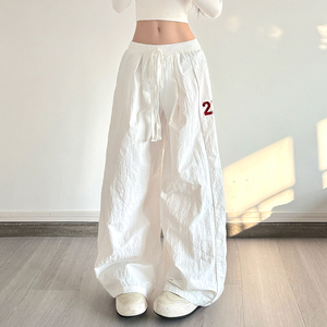 Women's Number Print Drawstring Waist Wide Leg <b>Pants</b>, Oversized Baggy Casual Street Trousers - Product Image 3
