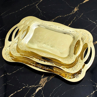 Plateau de service en métal gaufré de style moderne avec gravure, design écologique, poignées découpées, couleur cuivre antique pour table basse