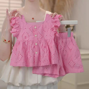 Summer 2025 Kids pink <strong>butterfly</strong> <strong>Sleeves</strong> <strong>Tops</strong> Shorts Girls Set Outfits - Product Image 2