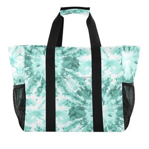 Bolsa de Compras con Logotipo Personalizado, Estampado Tie Dye Verde Azulado, Bolsa de Playa Plegable Grande, Bolsa de Supermercado Reutilizable con Bolsillos de Malla - Product Image 6