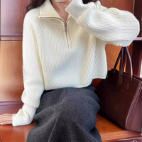Pull à demi-fermeture éclair pour femme Style coréen Coupe ample et conception courte taille haute Automne et hiver Base tissée Haut tricoté