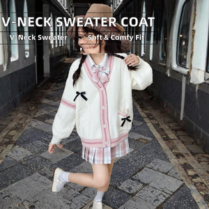Phụ Nữ Thanh Lịch V Cổ Dài Tay Áo Lỏng Áo Len Cardigan Tùy Chỉnh Phù Hợp Bướm Nút Lụa Màn Hình In Chắp Vá Thiết Kế Nhật Bản - Product Image 2