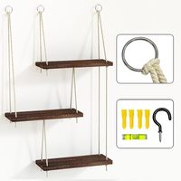 Étagère murale en bois suspendue avec corde, étagères flottantes à 3 niveaux, décoration murale bohème, présentoir pour plantes, photos, salon