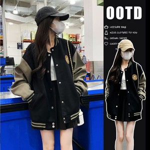Women's Black Khaki Baseball Jacket Medium Thickness Woven Casual Loose College Style Spring Autumn Coat - Product Image 1