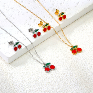 ชุดเครื่องประดับเชอร์รี่ สร้อยคอและต่างหูสแตนเลสสำหรับผู้หญิง ของขวัญแฟชั่นดีไซน์ผลไม้ - Product Image 1
