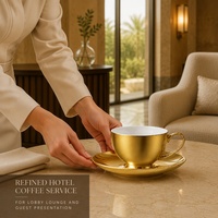 Ensemble tasse et soucoupe à café en or électroplaqué, vaisselle en porcelaine fine à intérieur blanc pour hôtel, restaurant, café, salon