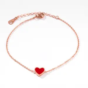Minimalist Ins Fashion Rose Gold Plated PVD Plating Stainless Steel Red Heart Charms Bracelet Anklet